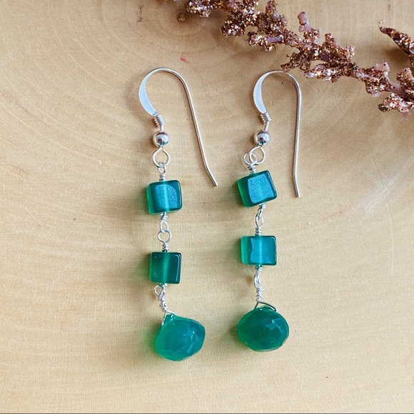 Emerald Green Onyx Sterling Silver Dangle Earrings - Picture 2 of 8